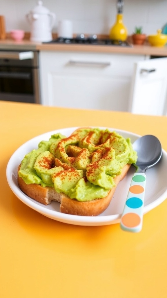 Soft avocado toast cut into small pieces for a baby, topped with mashed avocado and cinnamon, on a colorful plate.